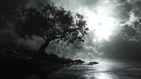 Solitary shoreline tree embraces a storm-lit monochrome sky