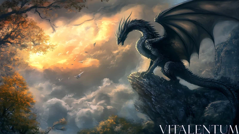 Armored dragon overlooks stormlit valley in cinematic dusk lighting