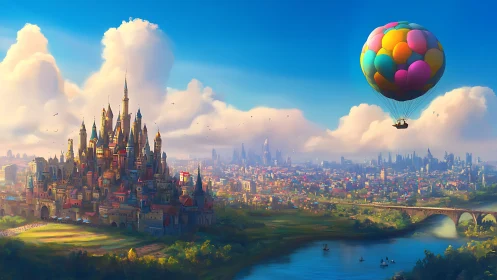 Fantasy castle city stretches to skyline as balloon ascends