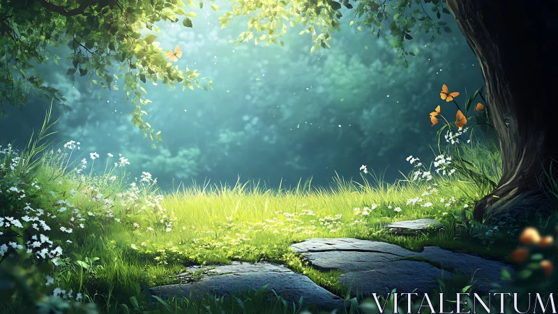 Woodland clearing with sunlit vegetation and orange butterflies overhead