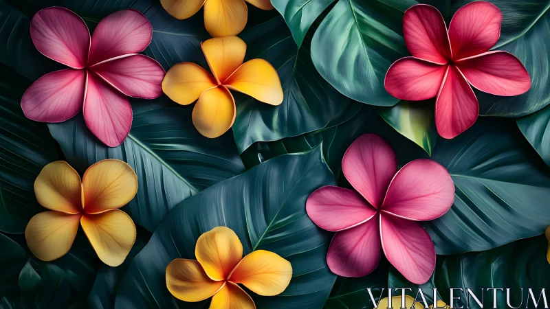 Tropical blooms shimmer against lush emerald foliage in ethereal botanical array