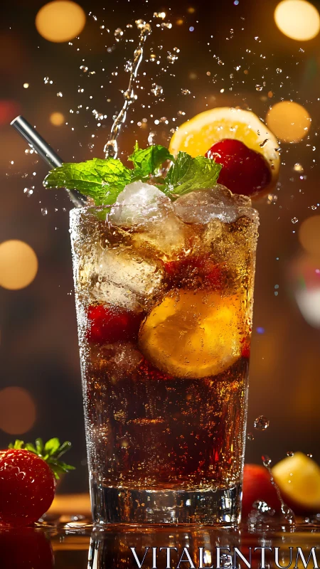 High-Speed Carbonated Beverage Splash with Garnish Elements.