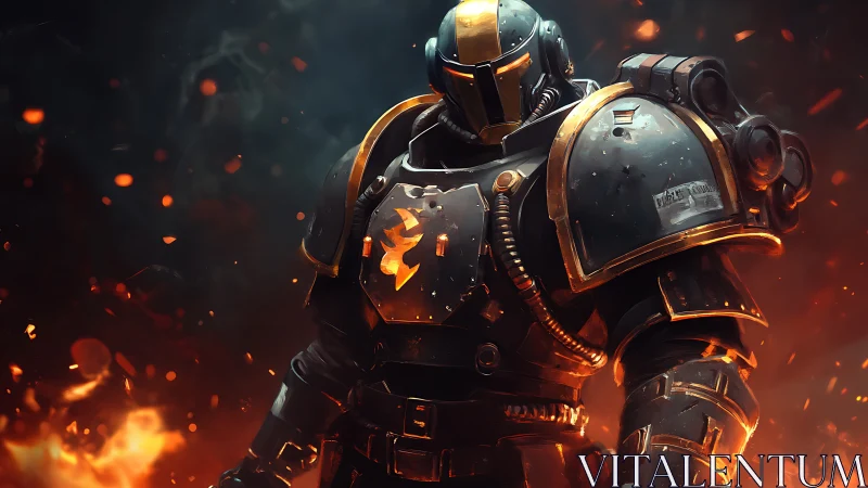 Armored sci fi soldier in black power suit amid sparks.