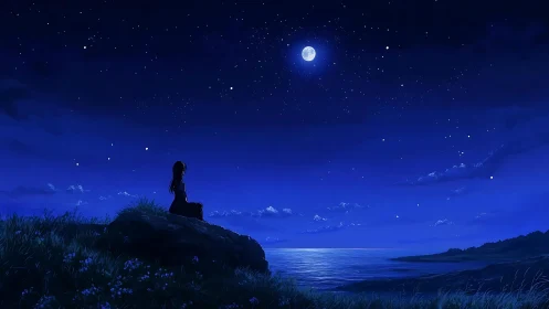 Solitary girl watching moonlit ocean under deep blue sky.