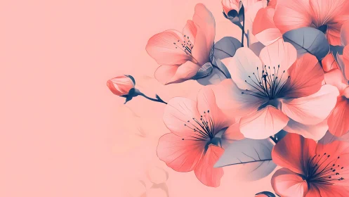 Ethereal Pink Flowers with Delicate Blue Botanical Details.