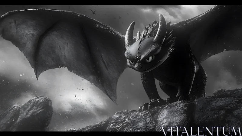 Stormy sky frames a brave little dragon ready for flight