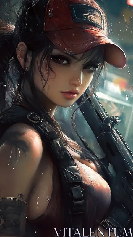 Armed woman in red cap rendered in detailed anime style.