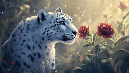 Snow leopard profile in misty garden with red roses at dawn