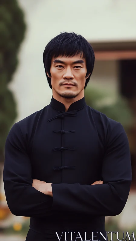 Martial artist in black traditional uniform outdoors.