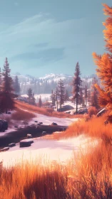 Snowy pine valley with orange grass under clear sky.