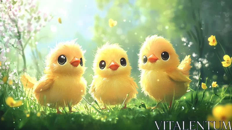 Fluffy baby chicks sparkle in a sunlit spring meadow.
