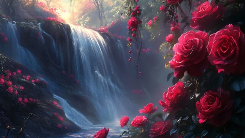 Rose-draped waterfall dreaming in soft, enchanted light.