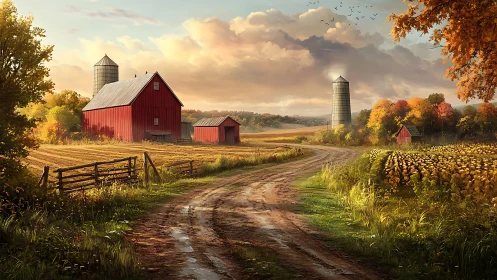 Golden country road winds through peaceful autumn farm fields