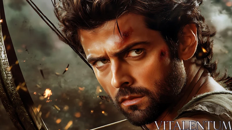 Battle-scarred hero holding steady in a storm of sparks.