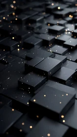 Midnight cubic skyline with drifting sparks of digital starlight.