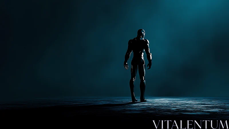 Lone humanoid robot stands in dark, moody environment.