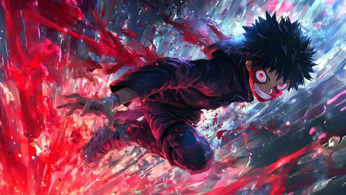 Intense anime boy diving through explosive red energy.