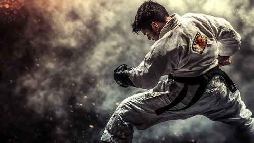 Explosive martial artist in midair kick against smoky backdrop.