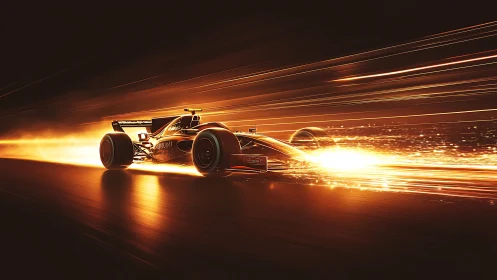 Photorealistic race car with kinetic light trails in motion blur.