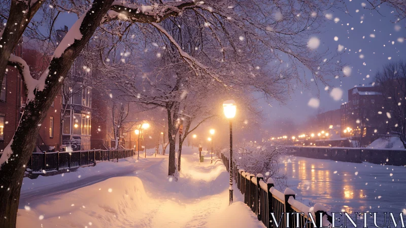 Snow-laden riverside promenade glows under warm lamplight
