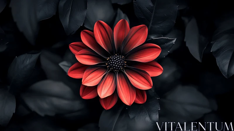 Red flower with dark foliage background.