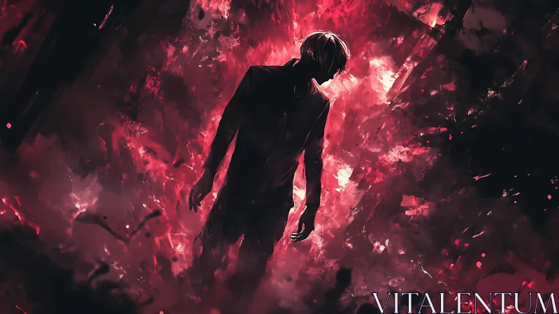 Backlit silhouette emerges through abstract crimson turbulence