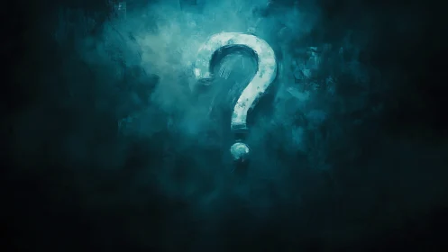 Chromatic turbulence framing a luminous painted question mark.