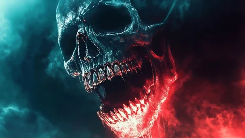 Bioluminescent demon skull emerges through dual neon smoke fields