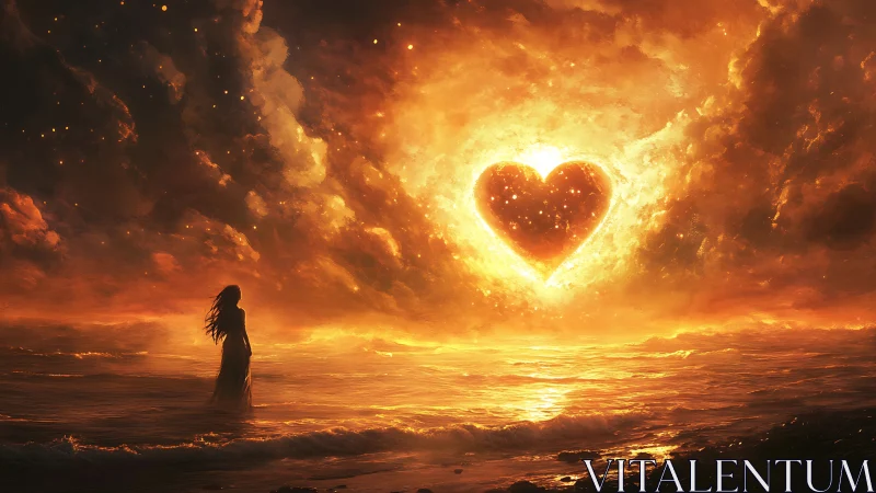 Woman in Golden Sunset with Flaming Heart Sky.