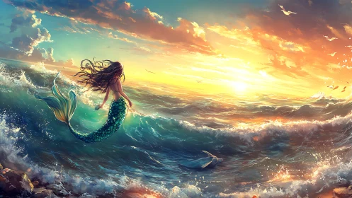 Mermaid silhouette against luminous sunset surf panorama.