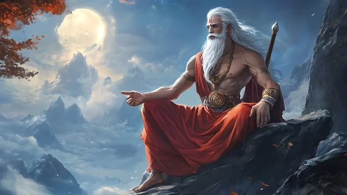 Moonlit sage rests above the clouds in serene meditation