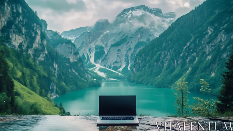 Ultrabook on wet stone ledge frames glacial lake and alpine valley