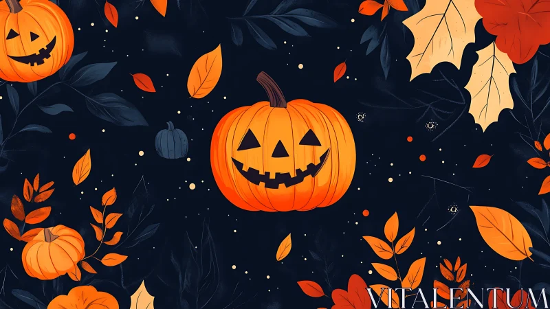 Glowing jack-o&rsquo;-lanterns amid swirling autumn foliage pattern.