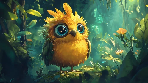 Adorable fluffy yellow bird with big eyes in magical forest scene.