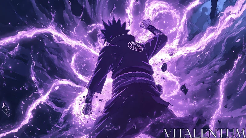 Backlit anime sorcerer channeling vortex of violet plasma