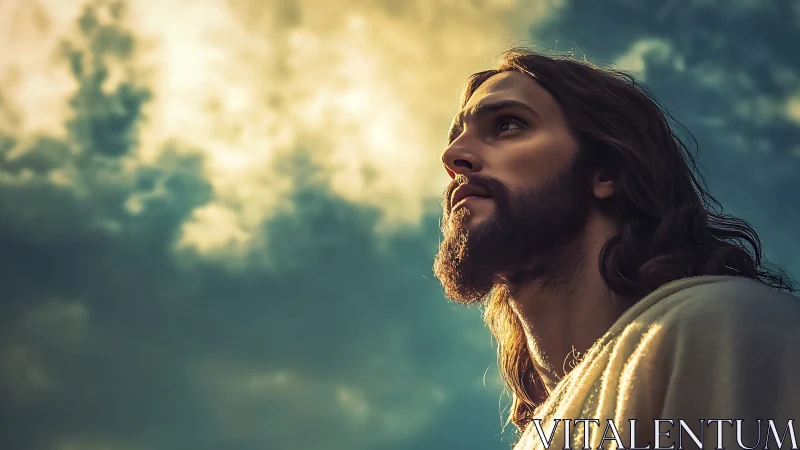 Cinematic low angle portrait of bearded robed man under glowing sky.