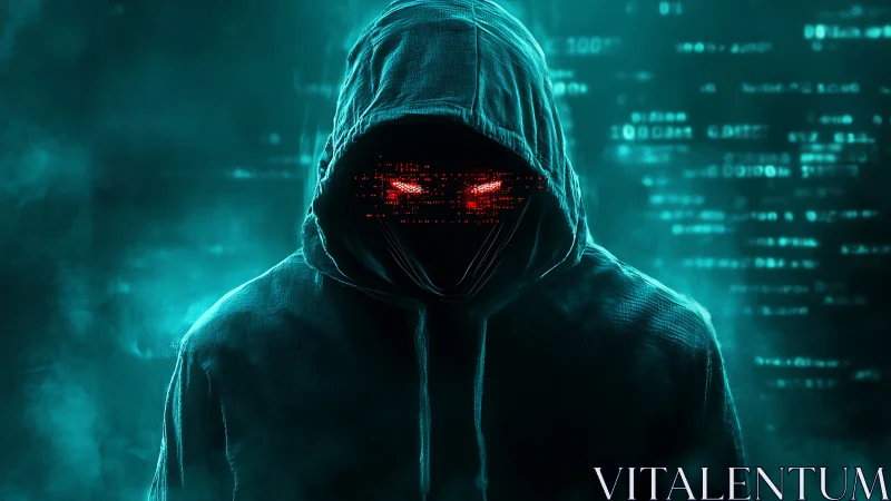 Cyberpunk hooded hacker with glitch mask in neon datastream.