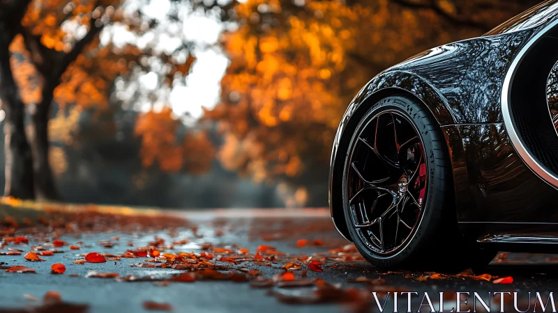 Sports car wheel on wet autumn road with fallen leaves.