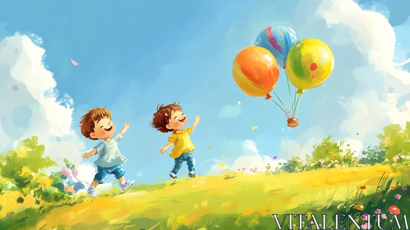 Children Flying Balloons in Sunlit Meadow.