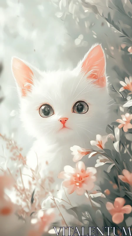 White Cat with Coral Ears Among Blooming Flowers. Digital Portrait.