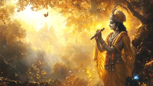 Divine flutist in luminous forest bathed in golden haze.