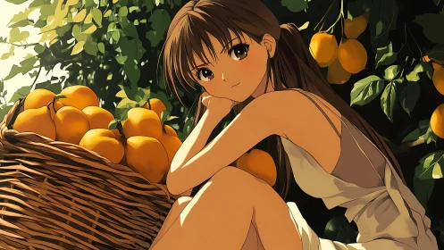 Anime girl resting beside sunlit basket of oranges.