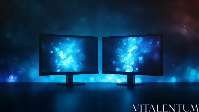 Dual widescreen monitors display luminous blue bokeh nebula