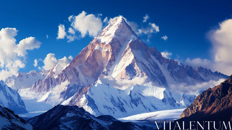 Snow covered mountain peak under deep blue sky clouds.