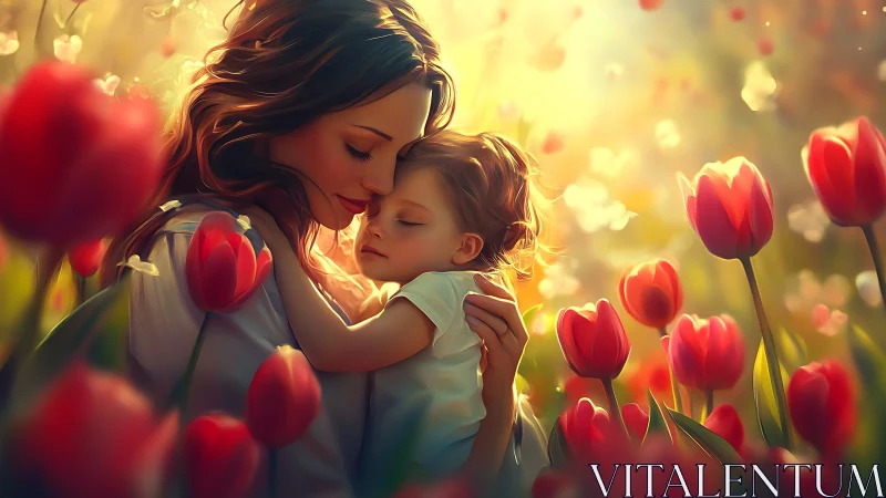 Mother and Child Embracing in Golden Tulip Field.