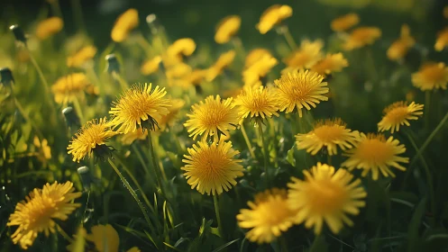 Taraxacum officinale blooms with vibrant yellow petals and linear green stems.