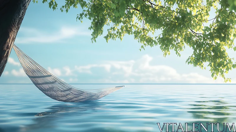 Serene shoreline hammock floating above tranquil water.