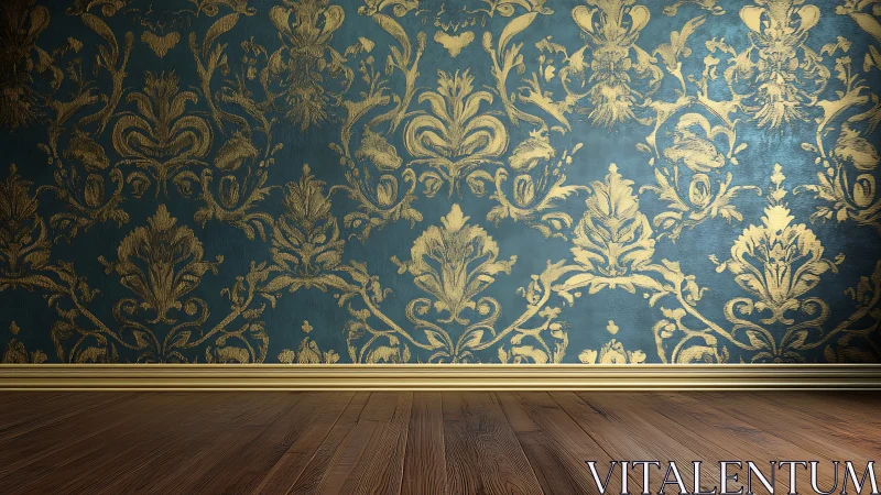 Baroque gold damask wall with polished wooden flooring.