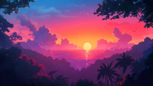 Gentle tropical sunset glowing over a dreamy ocean view.