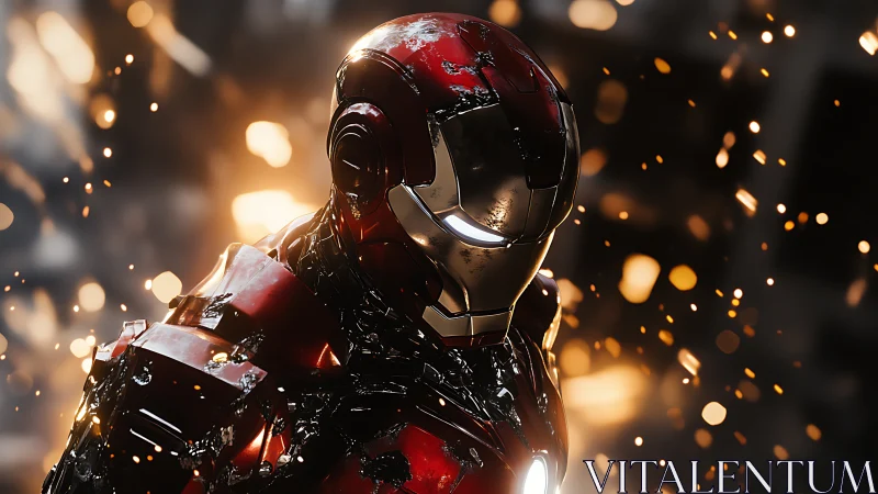 Battle-scorched red armor studies sparks in molten twilight